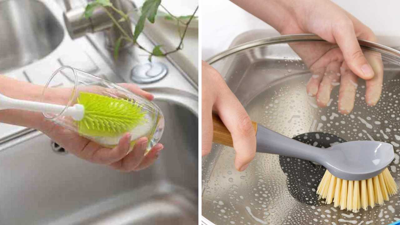 MR.SIGA Dish Brush with Non Slip Handle Built-in Scraper, Scrub Brush for Dish, Pans, Pots, Kitchen Sink Cleaning, 2 Pack