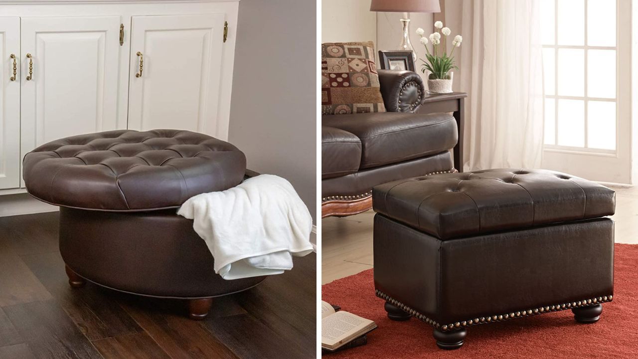 Brown leather ottomans