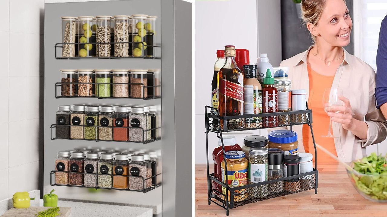 SpaceAid Spice Drawer Organizer - 4 Shelves + 28 Jars + Labels